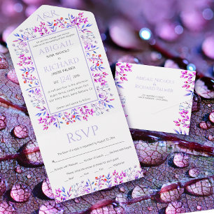 Invitation Tout En Un Bordure de feuilles, baies lavande violet mariage 