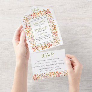 Invitation Tout En Un Bordure de feuilles et de baies mariage vert olive