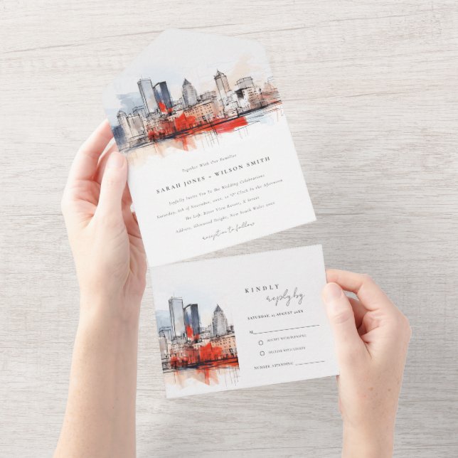 Invitation Tout En Un Boston Massachusetts City Scape Mariage d'aquarell (Déchirure)