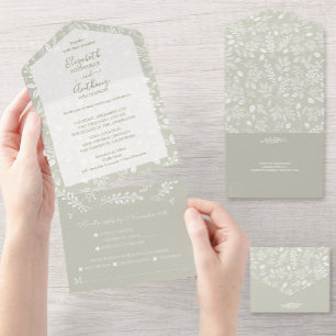 Invitation Tout En Un Botanique blanche sur Mariage vert pâle