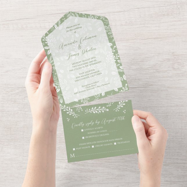 Invitation Tout En Un Botanique blanche sur Mariage vert Sage (Déchirure)