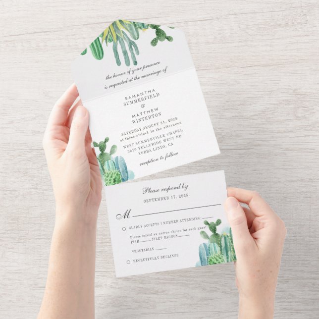 Invitation Tout En Un Botanique Cactus Aquarelle Plante Mariage moderne (Déchirure)