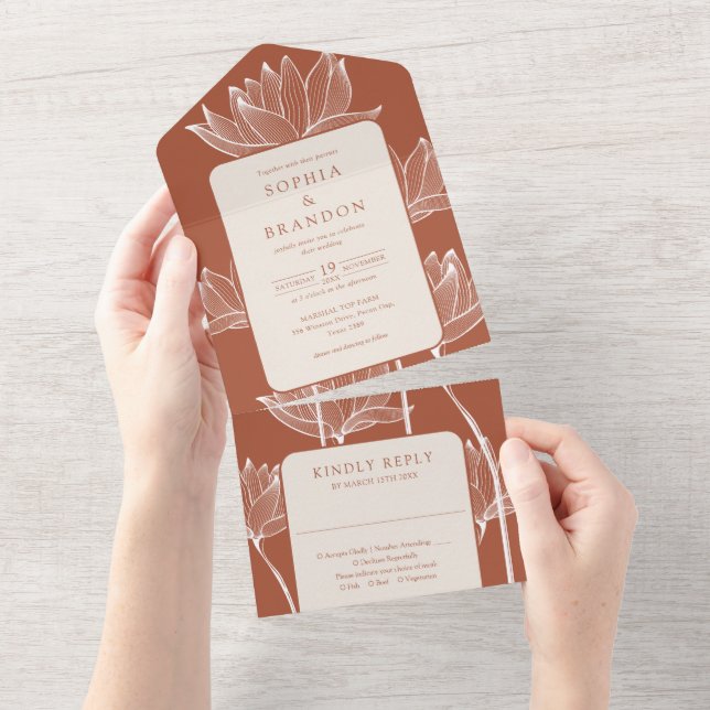 Invitation Tout En Un Botanique Floral Monogramme Terracotta Mariage (Déchirure)