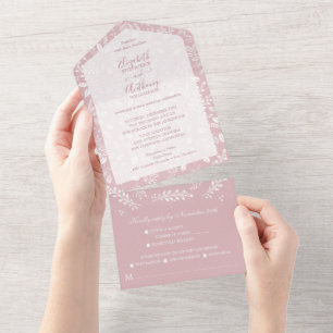 Invitation Tout En Un Botaniques blanches sur Mariage Rose Dusty