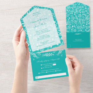 Invitation Tout En Un Botaniques blanches sur Turquoise
