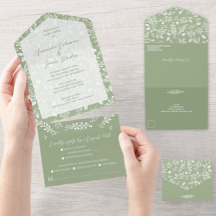 Invitation Tout En Un Botaniques blancs Sage Green No Envelopes Mariage