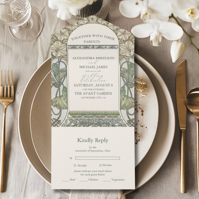 Invitation Tout En Un Bougainvillea Vert Art Nouveau Mucha Mariage (Créateur téléchargé)