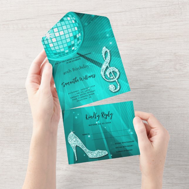 Invitation Tout En Un Boule Disco et talons Anniversaire Turquoise (Déchirure)