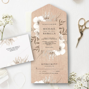 Invitation Tout En Un Bouquet de fleurs bohème en toile de jute rustique