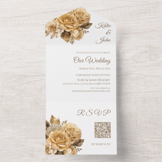 Invitation Tout En Un Bouquet de fleurs neutres - Mariage blanc (À l'intérieur)