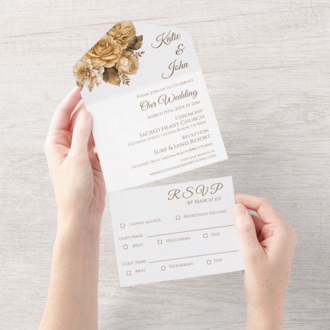 Invitation Tout En Un Bouquet de fleurs neutres - Mariage blanc (Déchirure)