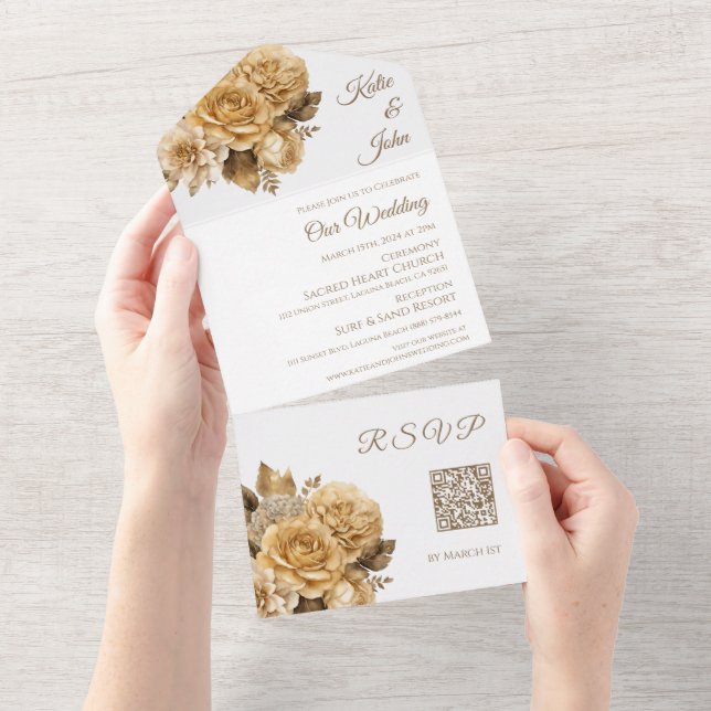 Invitation Tout En Un Bouquet de fleurs neutres - Mariage blanc QR code- (Déchirure)