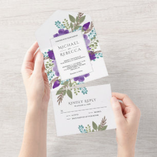 Invitation Tout En Un Bouquet de fleurs rustique poussiéreux violet Mari