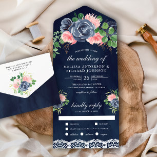 Invitation Tout En Un Bouquet floral rose saumon dentelle bleu marine Ma