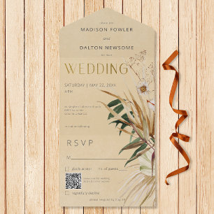 Invitation Tout En Un Bouquet floral sec Tan Boho moderne QR Code