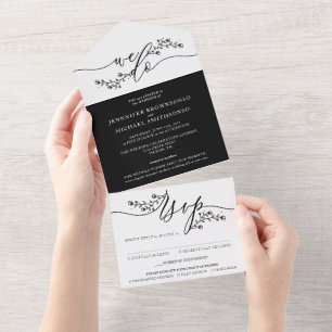 Invitation Tout En Un Bouquet Mariage noir et blanc simple Fleur