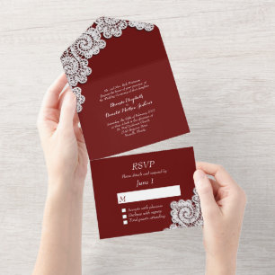 Invitation Tout En Un Bourgogne avec dentelle blanche Tout en un