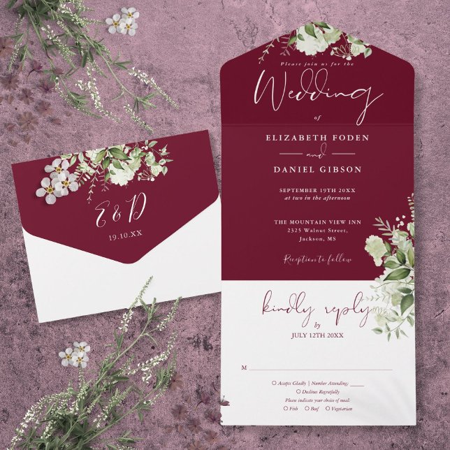 Invitation Tout En Un Bourgogne Botanique Verdure Monogramme Mariage (Burgundy Botanical Greenery Monogram Wedding All In One Invitation)