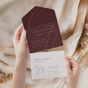 Invitation Tout En Un Bourgogne Classic Elegance calligraphie monogramme