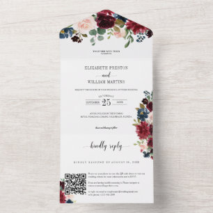 Invitation Tout En Un Bourgogne Floral Mariage avec QR Code RSVP