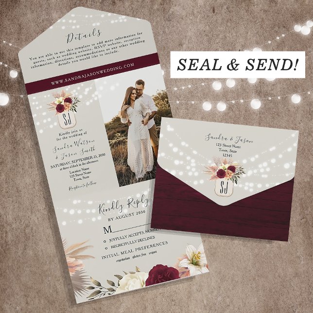 Invitation Tout En Un Bourgogne Floral Mason Jar Mariage (Créateur téléchargé)