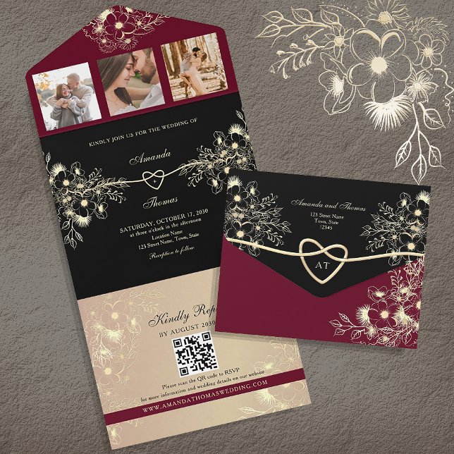 Invitation Tout En Un Bourgogne gothique et Mariage noir (Créateur téléchargé)