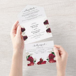 Invitation Tout En Un Bourgogne Rouge & Fleurs Blanches Mariage Élégant