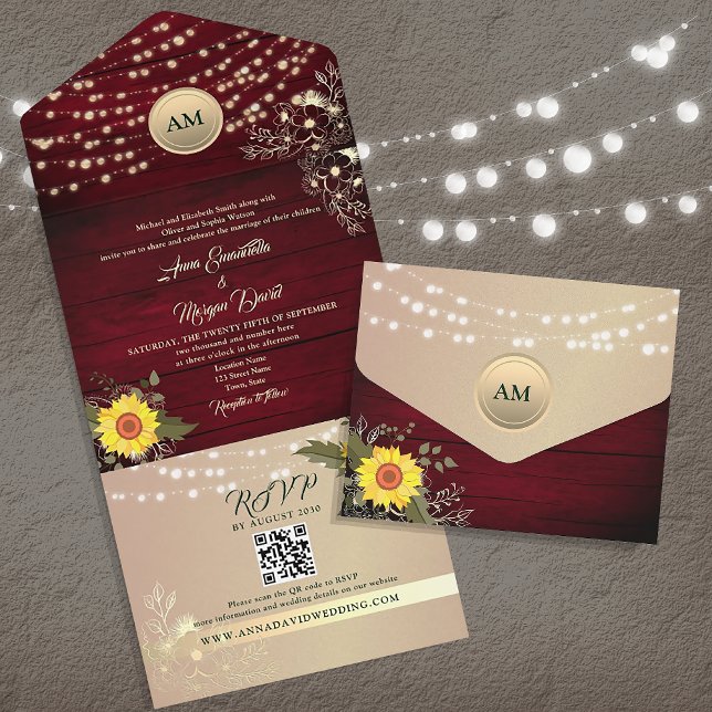Invitation Tout En Un Bourgogne Rustique Lumières Tournesol Mariage (Créateur téléchargé)