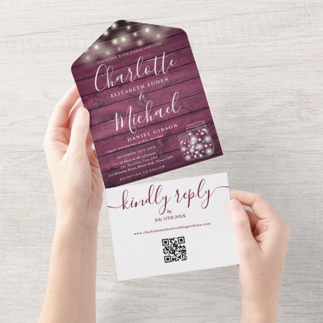 Invitation Tout En Un Bourgogne Rustique QR Code Mason Jars Lumières Mar (Déchirure)