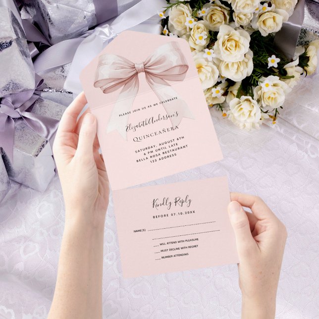 Invitation Tout En Un Bow rose rose or Quinceanera rsvp (Créateur téléchargé)