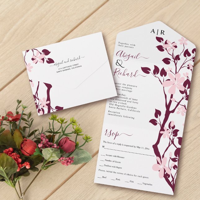 Invitation Tout En Un Branche bourguignonne avec fleurs roses rousses ma (Créateur téléchargé)