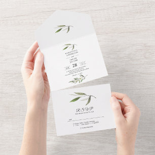Invitation Tout En Un Branche de olivier verte aquarelle moderne 