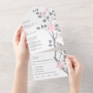 Invitation Tout En Un Branche grise avec fleurs roses initiales mariage