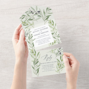 Invitation Tout En Un Branches d'olivier à l'aquarelle moderne feuillage