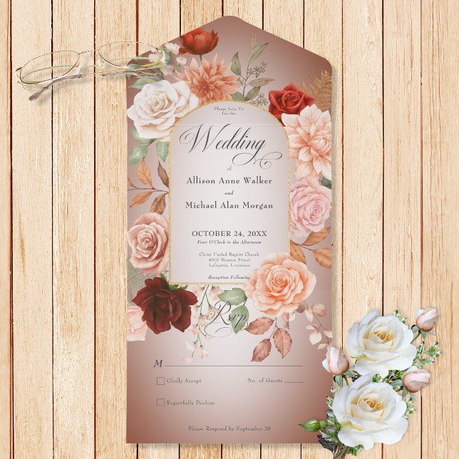 Invitation Tout En Un Brosse Rustique Boho Rust Peach Floral Arch Blush  (Also available with a QR code or with dinner selection options.)