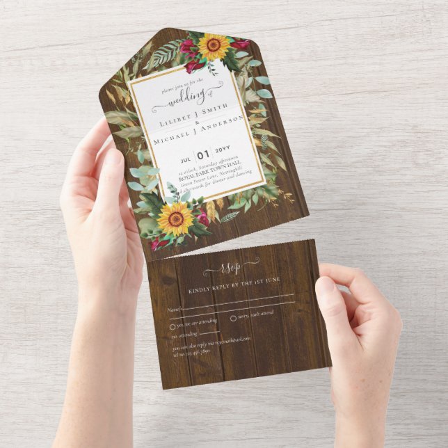 Invitation Tout En Un BUDGET 3in1 Burgundy Sunflowers Mariage RSVP (Déchirure)