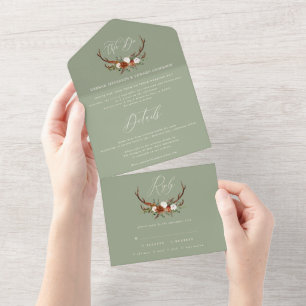 Invitation Tout En Un Budget cerf vert botanique rustique élégant