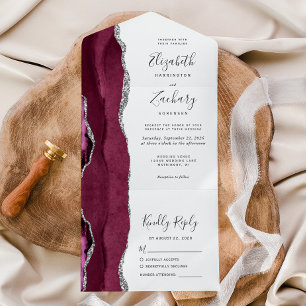 Invitation Tout En Un Burgundy Argent Agate Mariage blanc