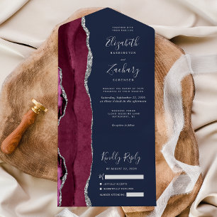 Invitation Tout En Un Burgundy Argent Agate Marine Mariage bleu