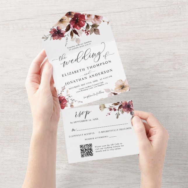 Invitation Tout En Un Burgundy Blush Détails du Mariage de automne QR Co (Déchirure)