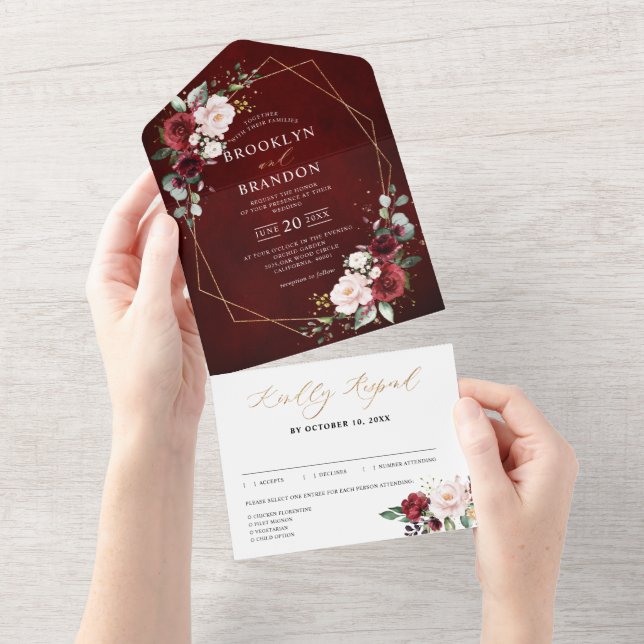 Invitation Tout En Un Burgundy Blush Floral Moderne Mariage géométrique  (Déchirure)