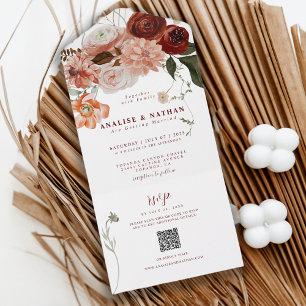 Invitation Tout En Un Burgundy Boho Floral Mariage QR Code