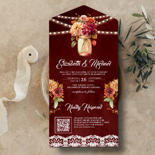 Invitation Tout En Un Burgundy Fall Dahlia Mason Jar QR Code Mariage