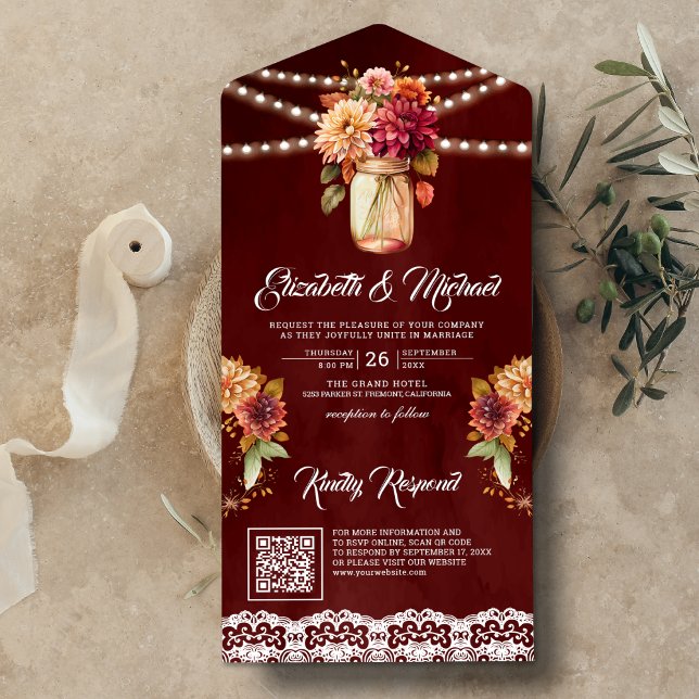 Invitation Tout En Un Burgundy Fall Dahlia Mason Jar QR Code Mariage (Créateur téléchargé)