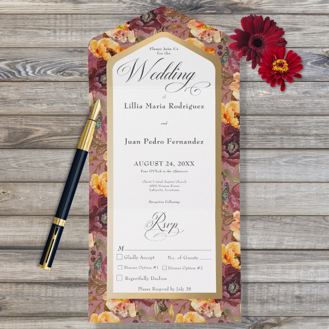 Invitation Tout En Un Burgundy & Gold Jewel Floral Gold Frame Diner (Créateur téléchargé)