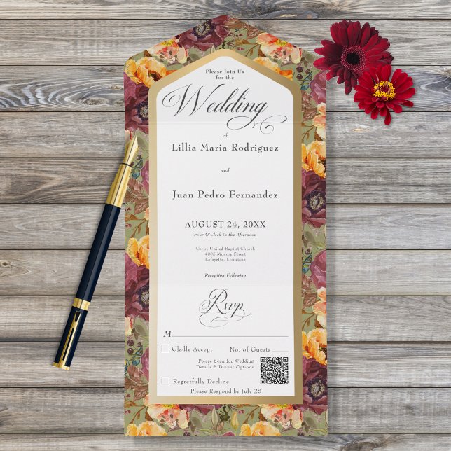 Invitation Tout En Un Burgundy & Gold Jewel Floral Green QR Code (Créateur téléchargé)