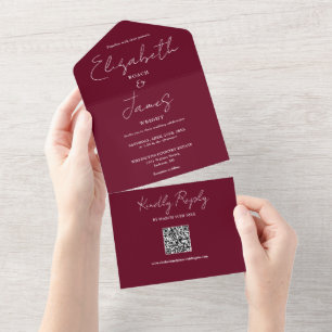 Invitation Tout En Un Burgundy Red Elegant Script QR Code Mariage