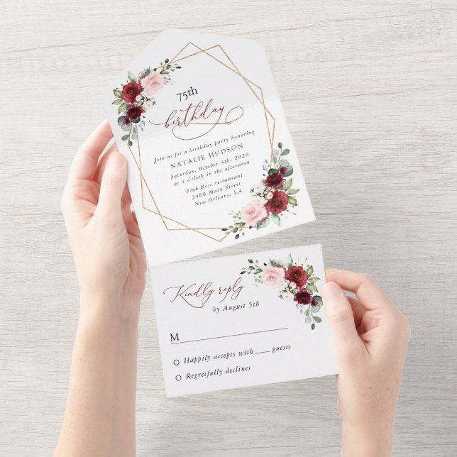 Invitation Tout En Un Burgundy Red Flowers, Pink Flowers, Birthday (Déchirure)