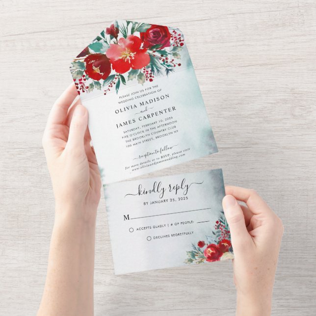 Invitation Tout En Un Burgundy Red Holly Berries Floral Winter Wedding (Déchirure)