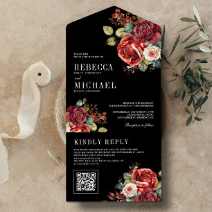 Invitation Tout En Un Burgundy Red Roses Floral QR Code noir Mariage